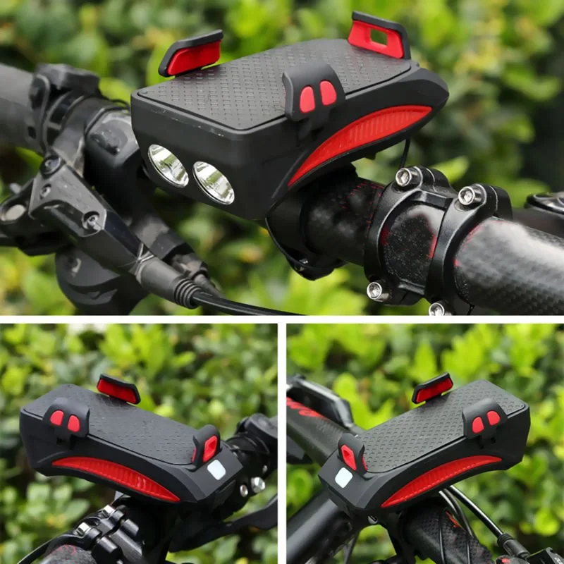 

4 in 1 MTB Bike Cycling Front Light Multi-function Bicycle Lights USB Rechargeable LED Head Lamp with Phone Holder + Bike Horn