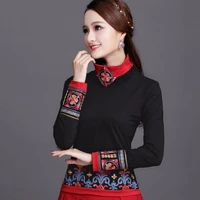 chinese style clothing womens plus size tops 2022 autumn fashion cotton embroidery splicing turtleneck long sleeves shirts woman