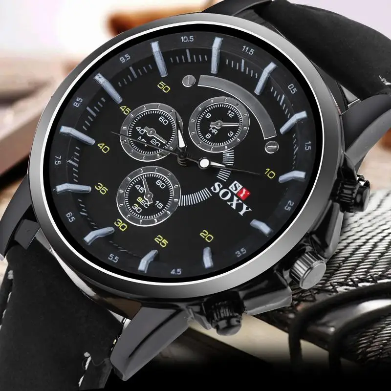 

SOXY Luxury Big Dial Military Sport Watch Men Fashion Leather Watch Men's Watches Quartz Clock Men's Watch relojes para hombre