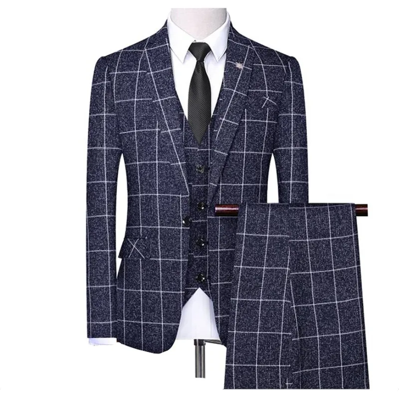 

(Jackets + Vest + Pants) 2020 Men's Groom Wedding Dress Plaid Formal Suits Set Mens Fashion Casual Business 3 Piece Suit
