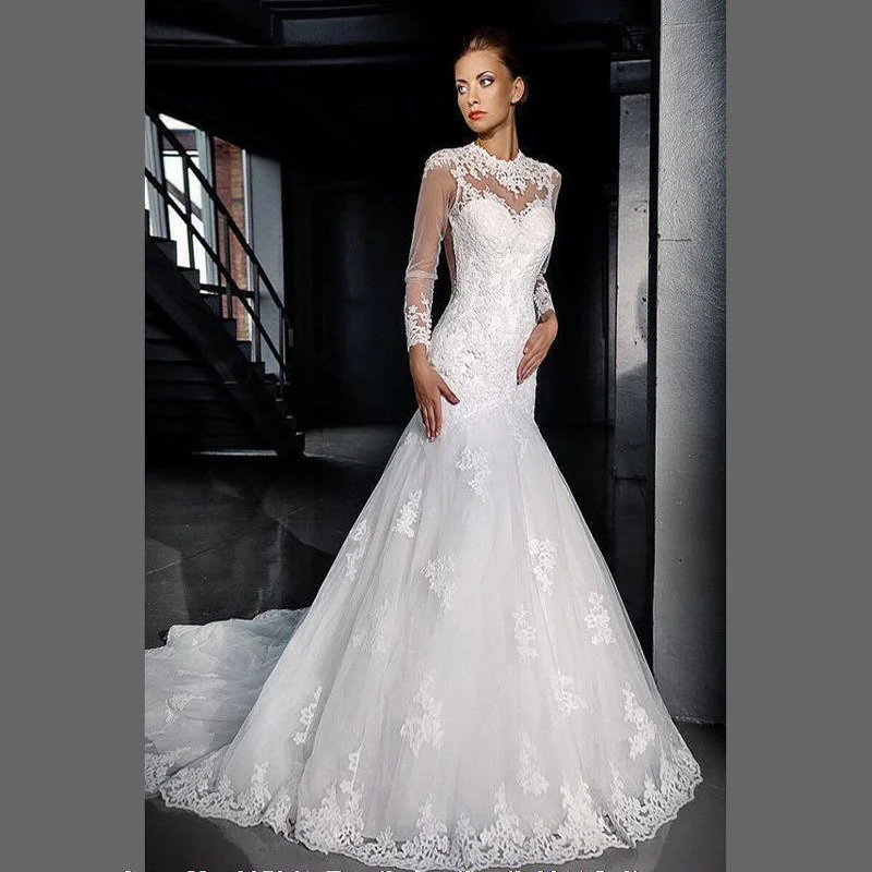 

Princess Wedding Church Dresses Dress White Elegant Tulle Bride Long Sleeves Tailing Wedding Dress Sexy Marriage Chapel Train