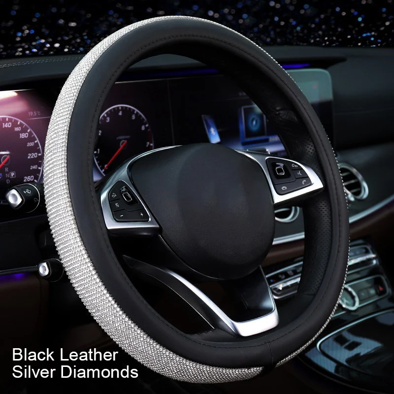 

Spot Car Steering Wheel Sparkled Cover Rhinestones PU Leather Skidproof for Driving M8617
