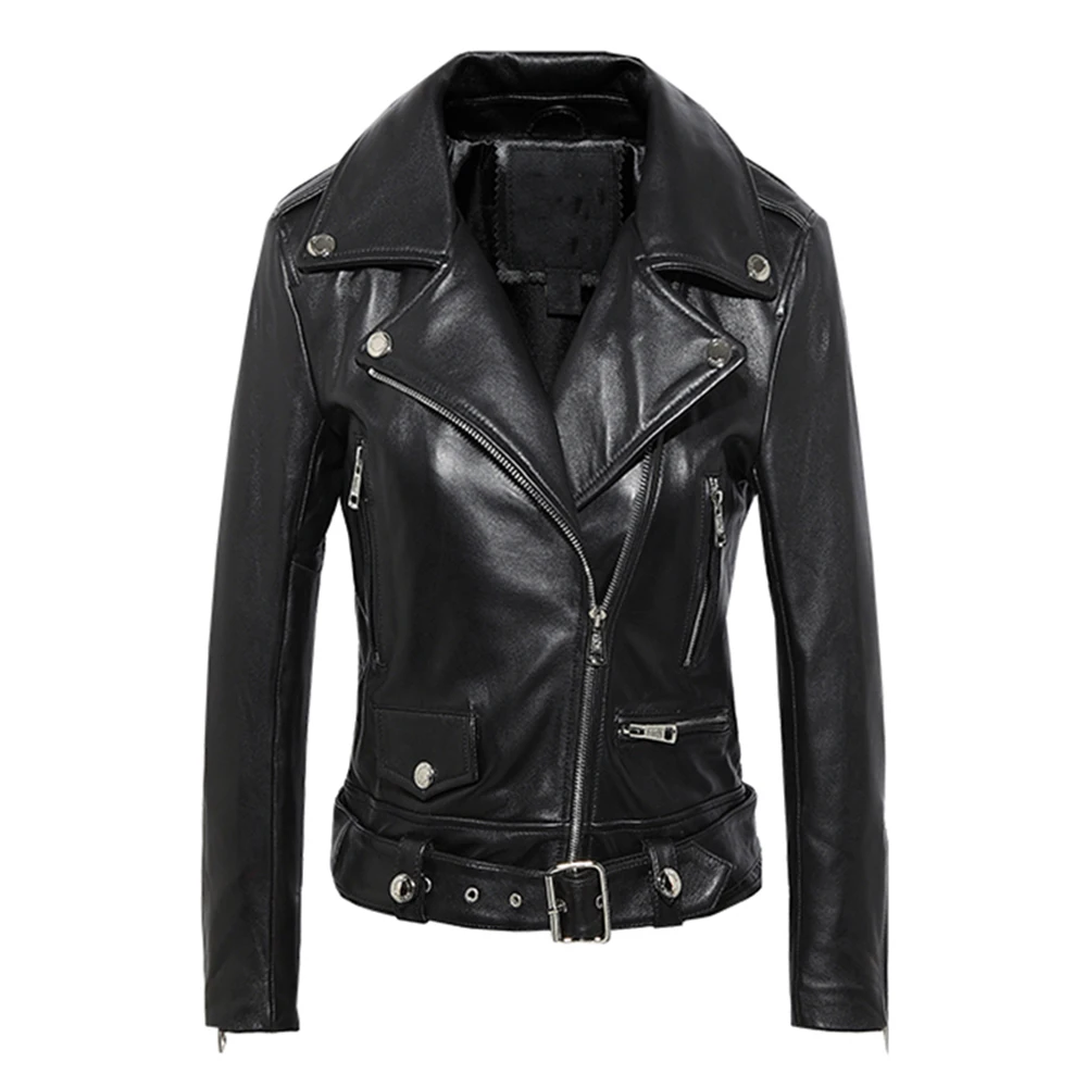 JAZZEVAR 2023 New Spring High Fashion Street Women Real Sheep Skin Leather Jacket Black Genuine Leather Short Motorcycle Jackets