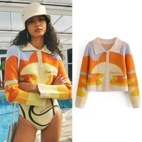 2021 new fall women cardigans long sleeve knitted landscape print cream jacket coat femme winter yellow thick casual sweaters