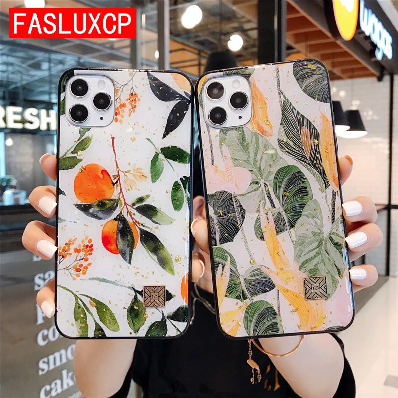 

Cover for iPhone 11 SE 2020 Case 11 Pro Max 8 Plus 7 6 6S X XR XS Max Trendy Art Leaf Glitter Cases Luxury Gold Foil Bling Cover