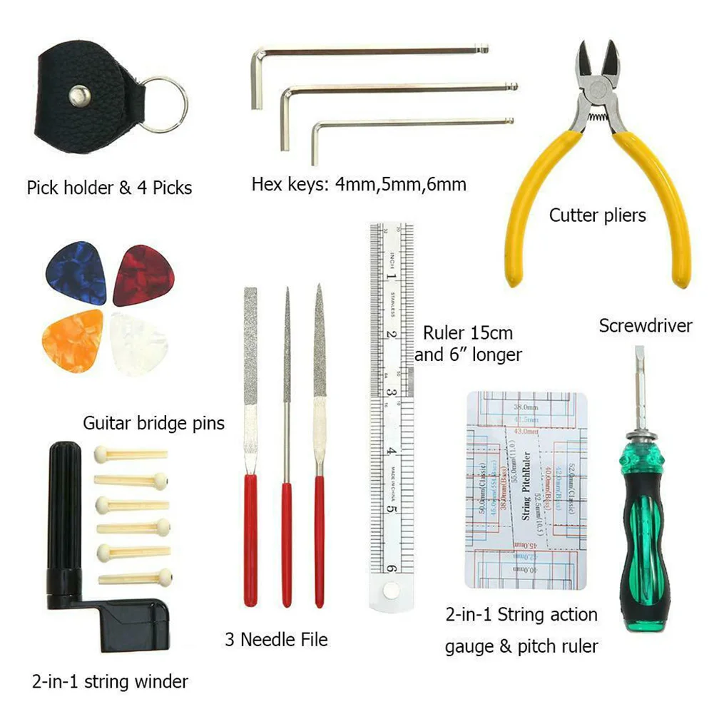 

Ukulele Hexagon Key Electric Cleaning Instrument Maintenance Wrench File Ruler String Organizer Bass Guitar Repairing Tool Set