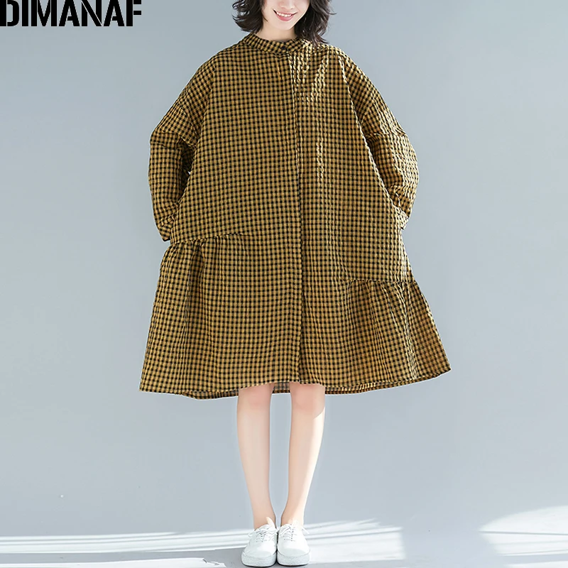 Женская рубашка с длинным рукавом DIMANAF хлопковая льняная блузка в клетку