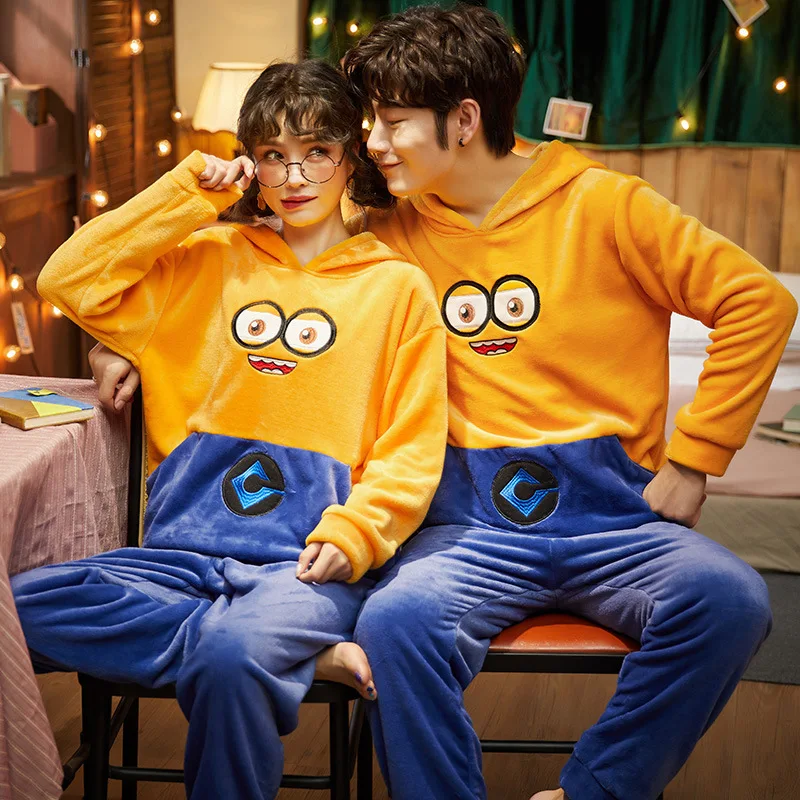 

Autumn Winter Couples Pajamas Flannel Long-sleeved Men and Women Plus Velvet Warm Home Wear Coral Fleece Comfortable Pajamas