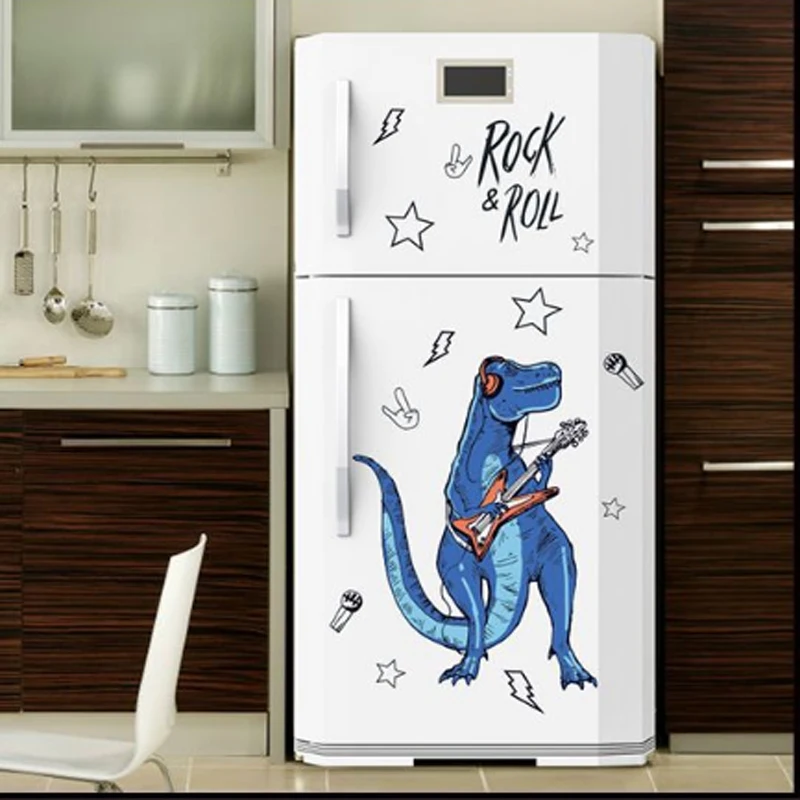 Rock Roll Dinosaur Wall stickers For Kids Room Cartoon Animals Home Decor Art Viny PVC Wallpaper Creative Door Refrigerator Deco |