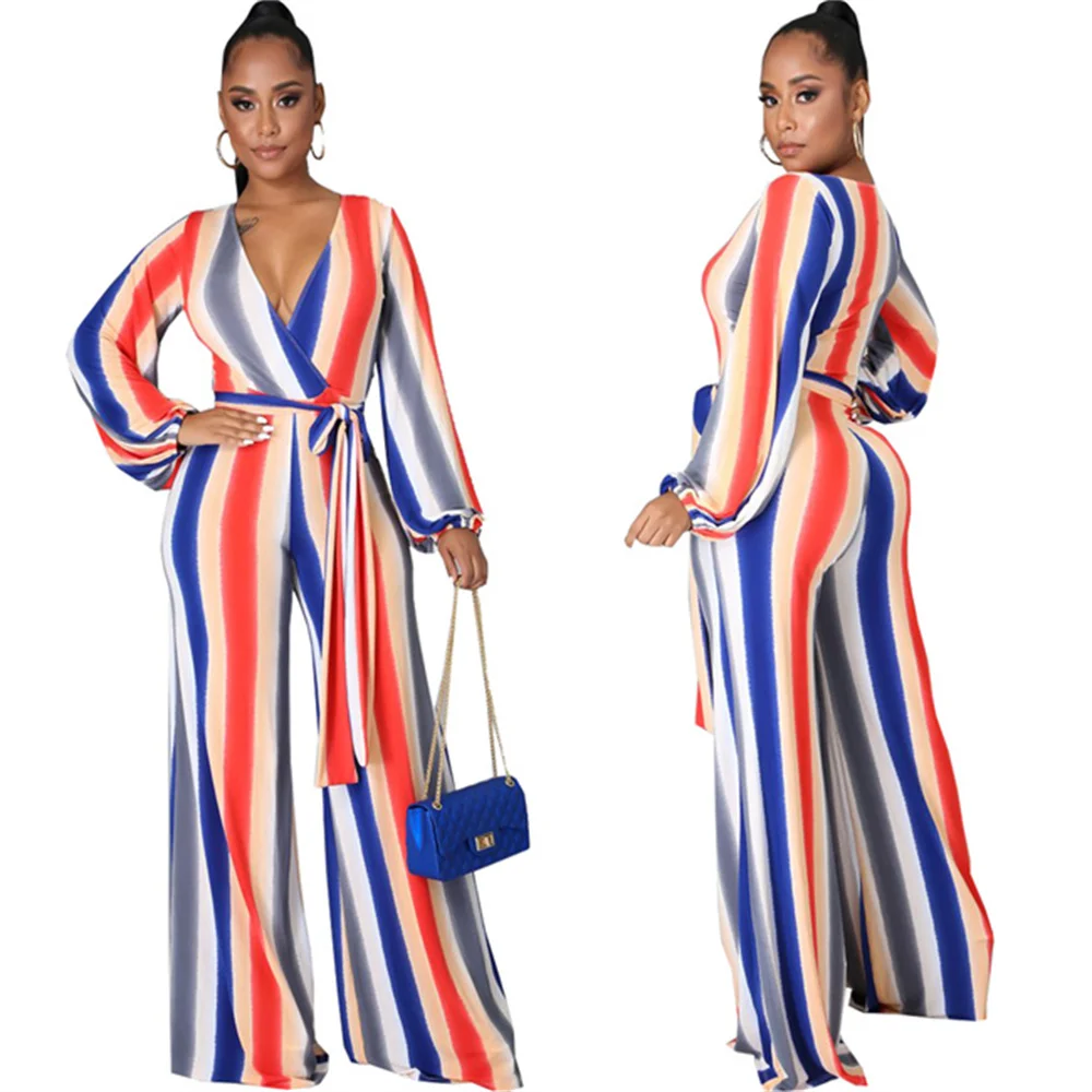 

RStylish 2021 Fall New Striped Print V-Neck Sexy Long Sleeve Women Office Elegant Lace Up One Piece Jumpsuits