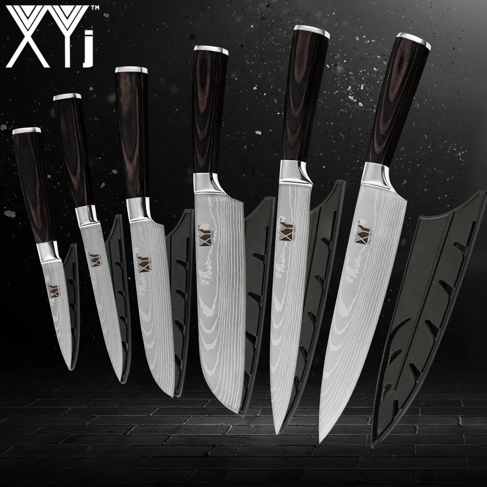 

XYj кухонные ножи 3,5, 5, 5, 7, 8, 8 дюймов японский стиль кухонные инструменты цветная Деревянная Ручка 7Cr17 ножи из нержавеющей стали 6 шт набор