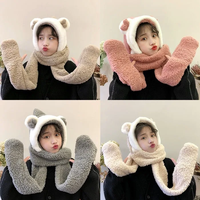 

2021 New Girl Heart Cute Little Antler Scarf Hat Glove One Plush Sweet Warm Couple Suit Cute Girl Winter Wild