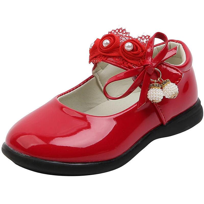Flower Girls Shoes Patent Leather Mary Janes For Children Bow Bead Wedding Baby Big Girl Flats White Pink Red Black |