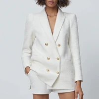 zaahonew new spring autumn women vintage white tweed blazers coat chic button solid outerwear elegant office suit jacket ladies