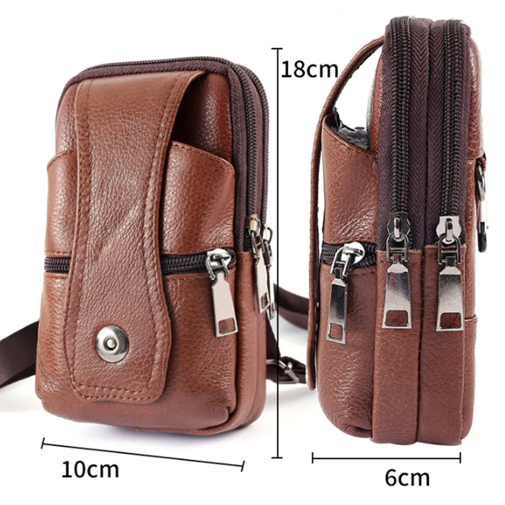 

New Fashion Men Leather Waist Bag Large Capacity Belt Bag Brown Shoulder Bags Crossbody Bags Multi-layer Buckle Mobile Phone Bag