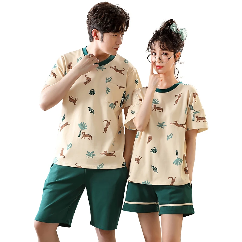 

Womens Pajamas Sets Cartoon Animal Printing Couple Short Sleeve Homewear Fashion Green Round Neck Woman Cotton Indoor Sleepwear