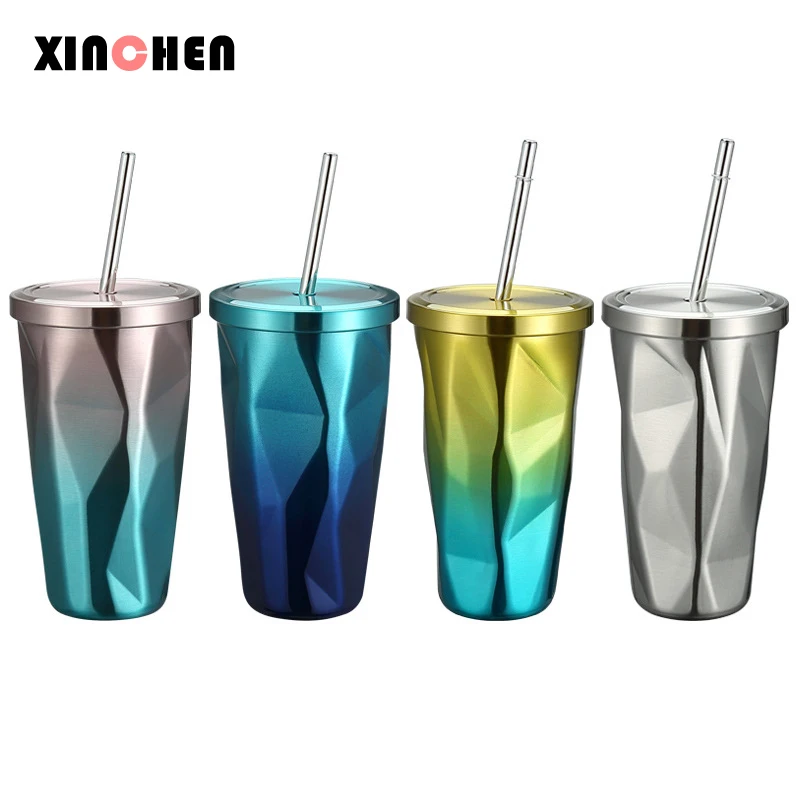 500 мл стакан из нержавеющей стали с соломенной горячей и холодной двойной стенкой