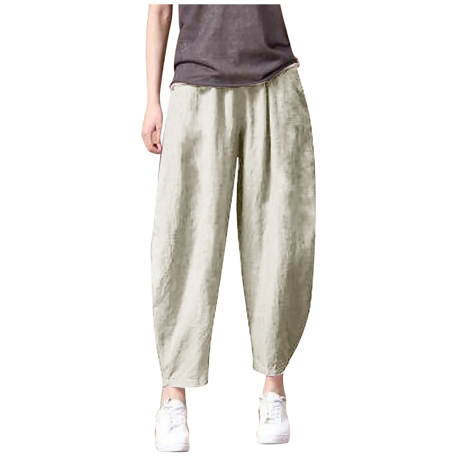 

Women Summer Pants Female Loose Solid Color Casual Pants Wide Leg Cotton Linen Trousers Casual Elastic Waist Solid Pantalon
