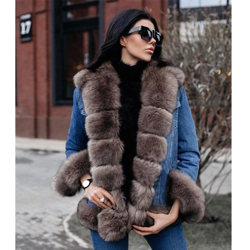 Tatyana Furclub Denim Parka Real Fur Coat Winter Jacket Women Real Natural Fox Fur Coat Thick Warm Fur Parka Real Fur Jacket