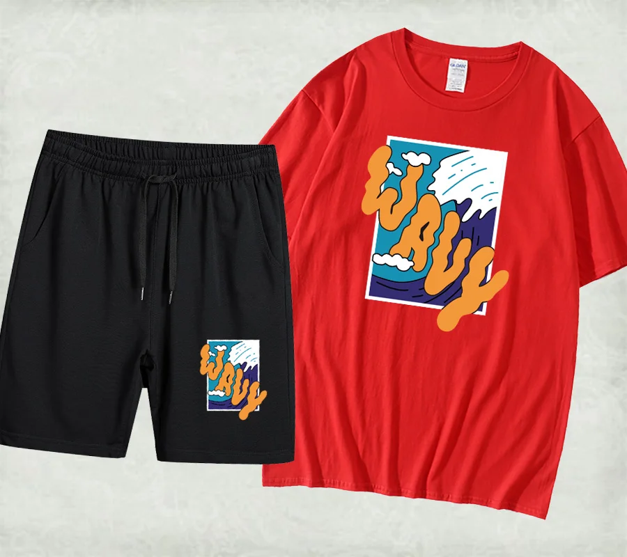

2021 summer leisure sports suit wave printed short sleeve cotton T-shirt + sports shorts 2-piece couple short sleeve suit