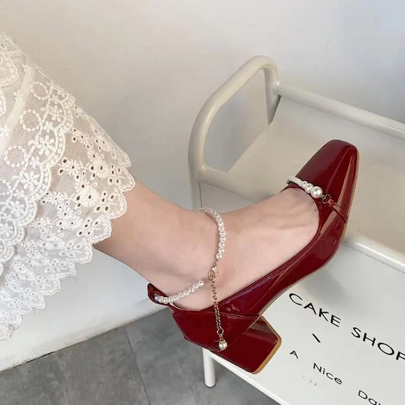 

women's Pumps Mary Janes Single Shoes Square Toe String Bead Pumps High Heels Sandalias Buckle Strap Pearl Ladies Shoe Pumps
