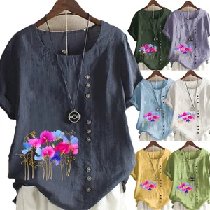 Women's New Fashion Summer Printing Round Neck Short Sleeve T-shirt Casual Loose Solid Color Blouse Tops Plus Size