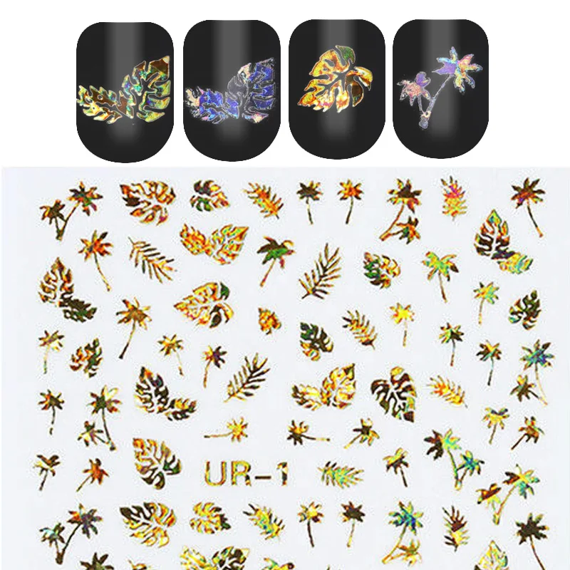 Золотистые и Серебристые 3D наклейки для ногтей голографические лазерные