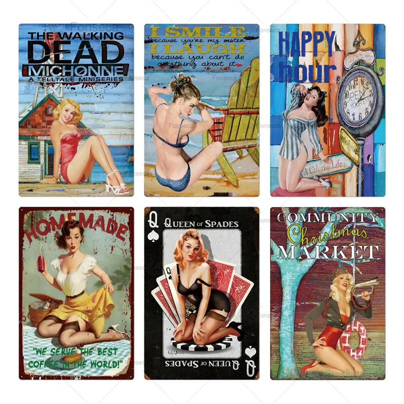

Pin Up Girl Plaque Metal Vintage Sexy Metal Sign Tin Sign Metal Poster Wall Decor for Bar Pub Club Man Cave Retro Signs