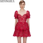 Женское мини-платье с пышными рукавами, облегающее платье с высокой талией и открытой спиной, красное, белое кружевное платье для автопортрета, весна 2020