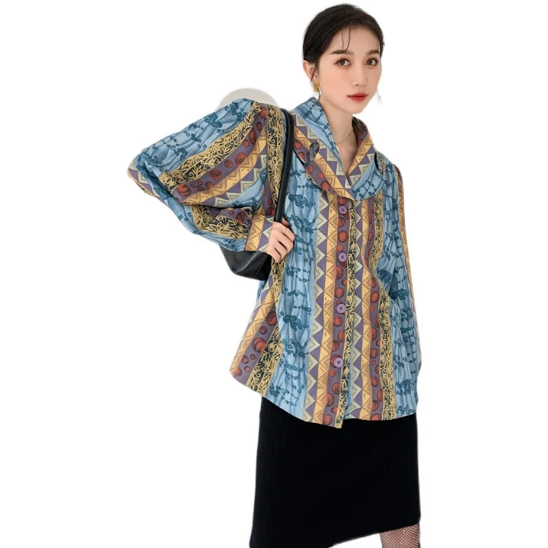 

2021 Spring New Multi Color Print Turn-down Collar Long-sleeved Loose Streetwear Shirt For Women Fashion Tide C910