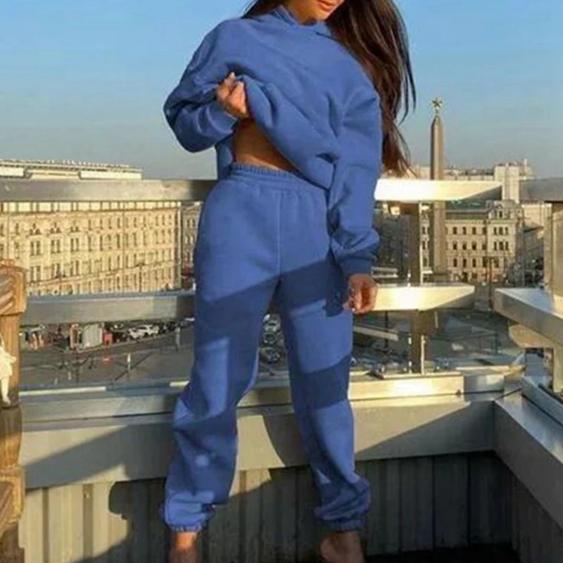 

Female 2021 Autumn Lady Sets Solid Color Two Piece Tracksuit Thick Women's Set Casual Sweatshirt High Waist Pants Sports Suits