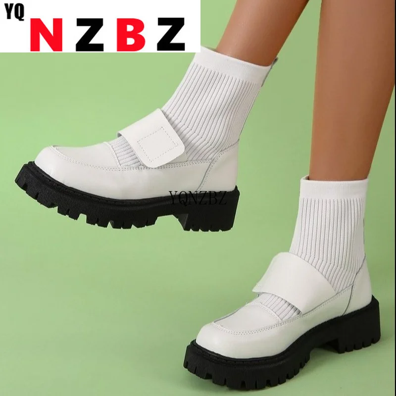 

2022 Women Oxfords Stretch Knitted Sock Ankle Boots Gothic Platform Shoes Female Slip On New Fashion Designer Black Short Boots