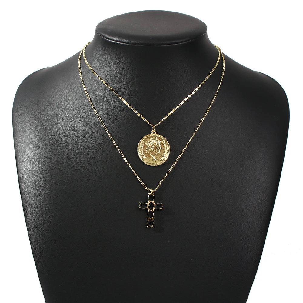 

Water Wave Chain Cross Multi-layer Long Necklace Female Retro Coin Portrait Pendant Necklace Cross Necklace Wholesale Aesthetic