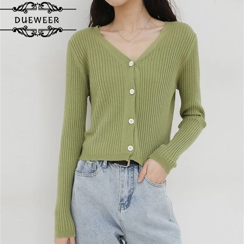

DUEWEER Knitted Sweater Women Cardigan Solid V-Neck Single Breasted Leisure Chic Sweet Elegant Trendy Simple Outwear Soft