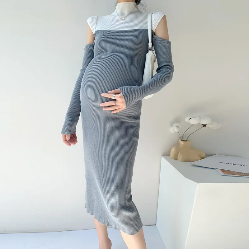 

Elegant Sexy Off-Shoulder Slim Long Dress Maternity Dress 2022 New Fashion Color Matching High Neck Office Lady Dress Vestidos