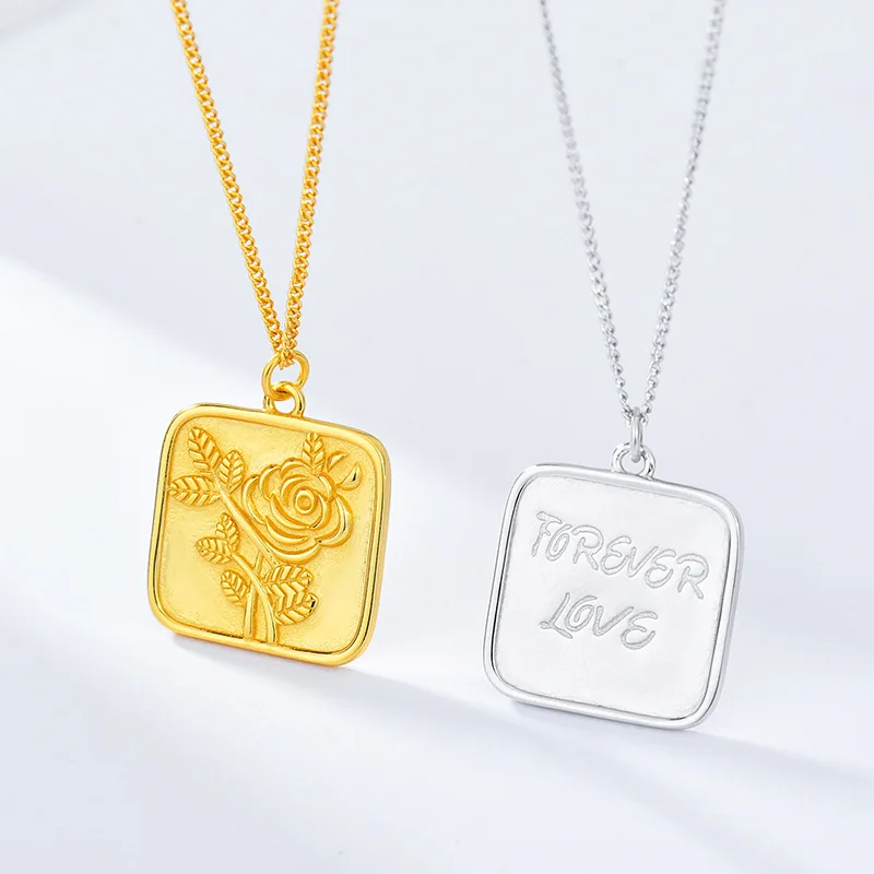 Kinel 925 Sterling Silver Rose Flower Pendant Jewelry European Retro Square Double Sided Embossed 18k Gold Plated Necklace Whole | Украшения