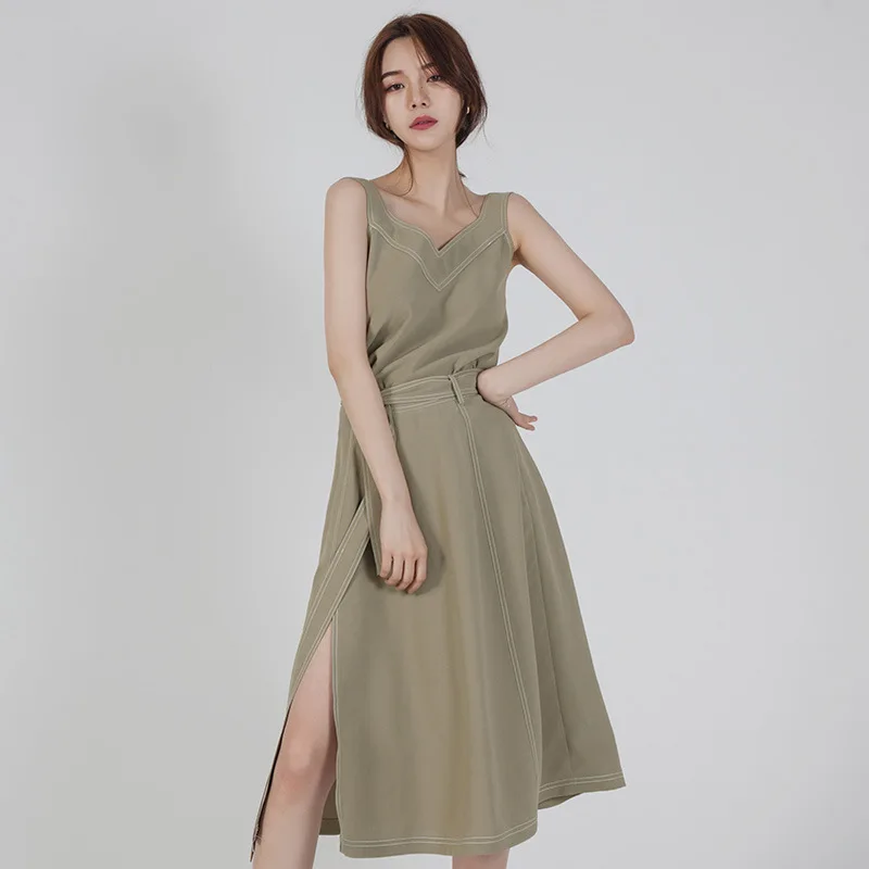 Женский офисный костюм без рукавов с поясом средней длины|Спортивные костюмы| |