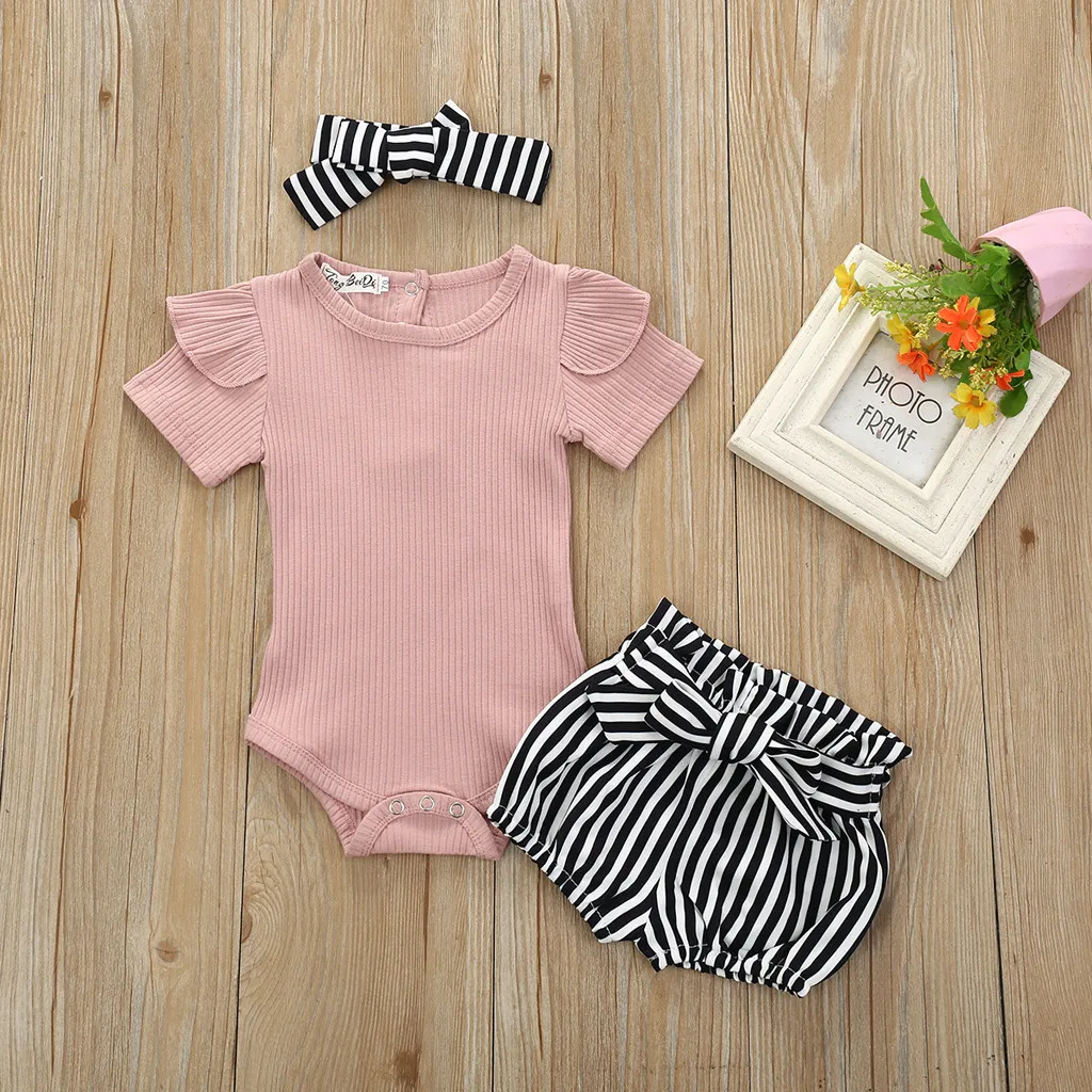 

3Pcs Clothing Suit Baby Girls Newborn Infant Clothes Set Romper Jumpsuit Bowknot Stripe Shorts Playsuit Outfit Set Roupa De Bebe