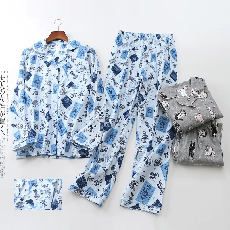 

spring Autumn 100% cotton Knit pajamas sets women sleepwear winter Korea sweet Cartoon pure cotton pyjamas women pijamas mujer