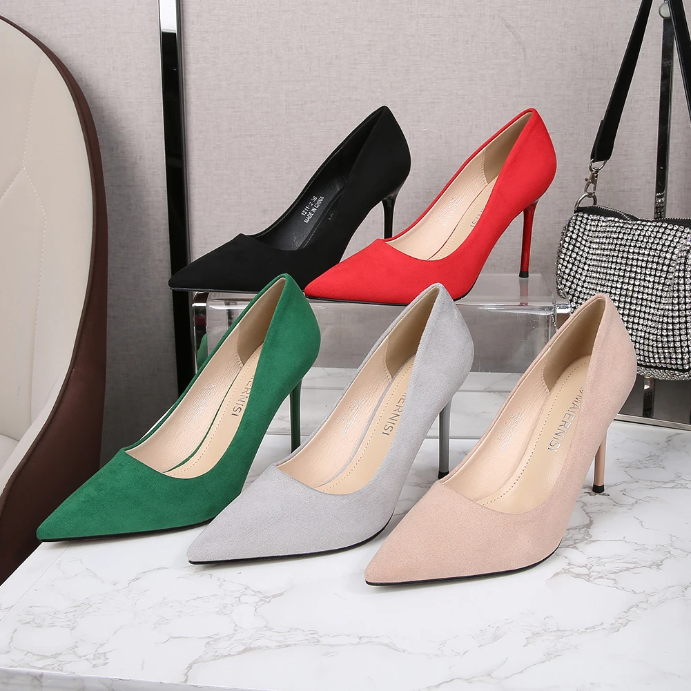 

Big Size 46 Pumps Shoes Woman 9cm Stilettos High Heels Shoes Ladies Nice Pointy Toe Flock Concise Work Shoes Women Office Green