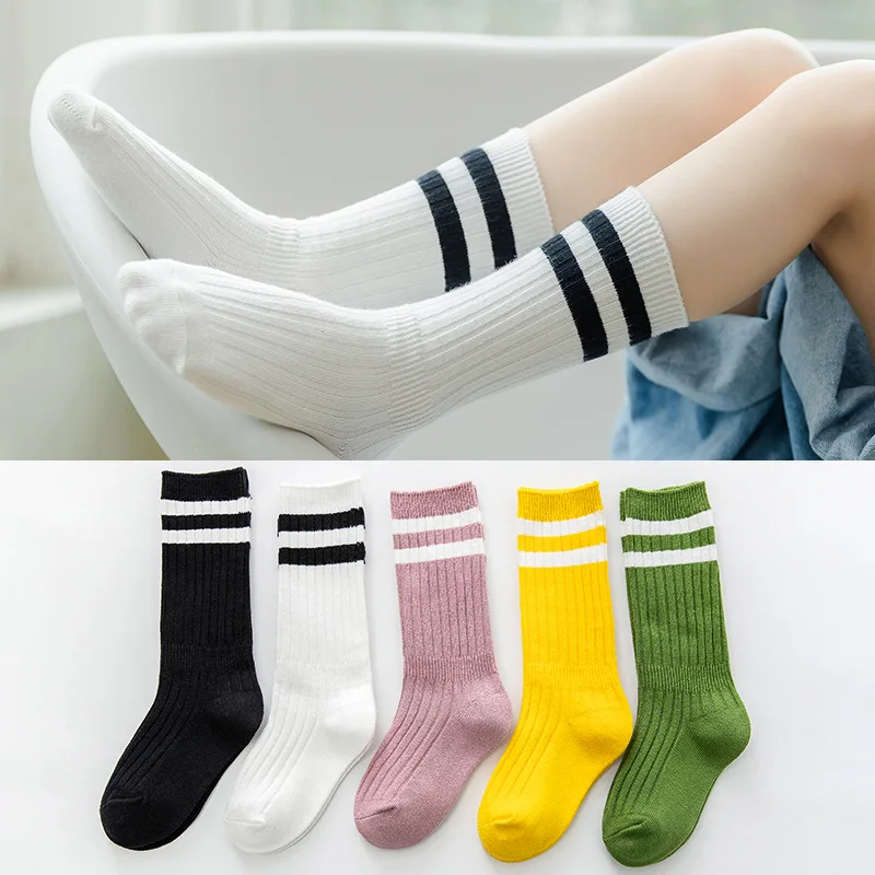 Calcetines hasta la rodilla de algod&oacute;n para ni&ntilde;os y ni&ntilde;as, medias largas de rayas, transpirables, color blanco y negro, para la escuela, de 1 a 9 a&ntilde;os-0