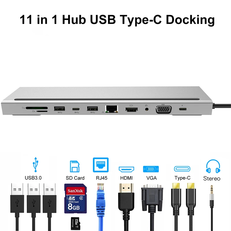 

11 in1 usb c hub type c to 4K HDMI With VGA RJ45 Card Reader 3 Port USB3.0 Usb Splitter Audio For Macbook pro Huawei matebook