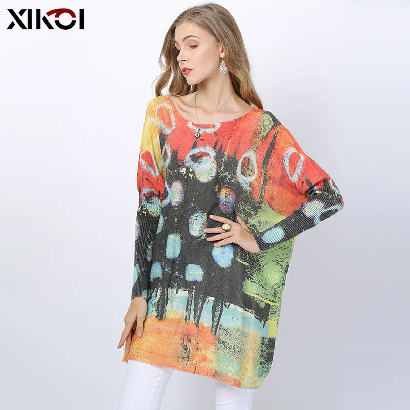 

2019 Autumn Knitted Pullover Large Size Sweater Female Printed Fashion Collar Cotton