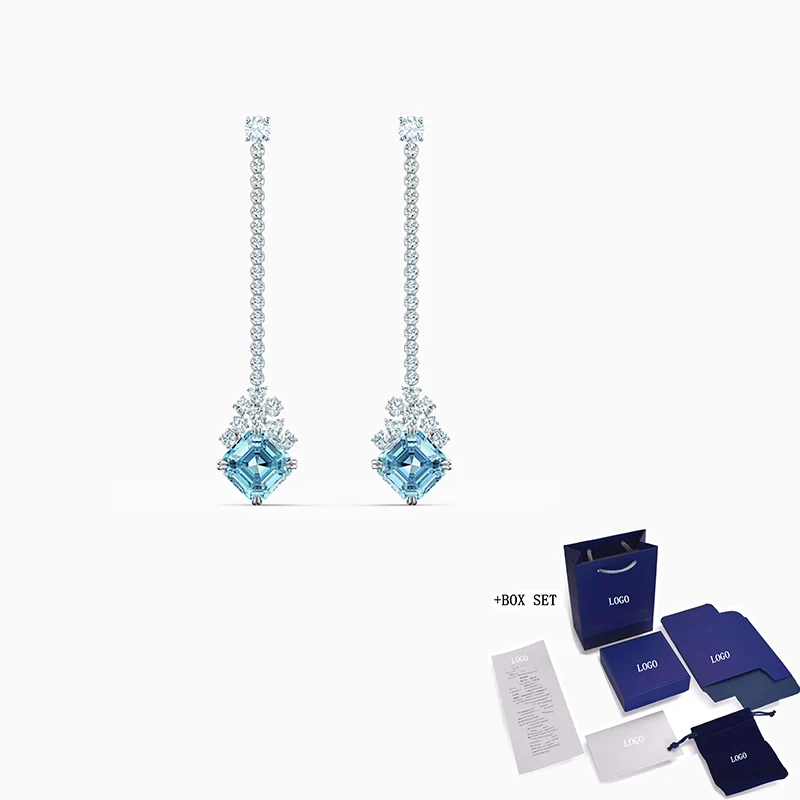 

2021Fashion Jewelry SWA New SPARKLING LINEAR PIERCED EARRINGS Charming Blue Square Decoration Women'S Romantic Jewelry Gift