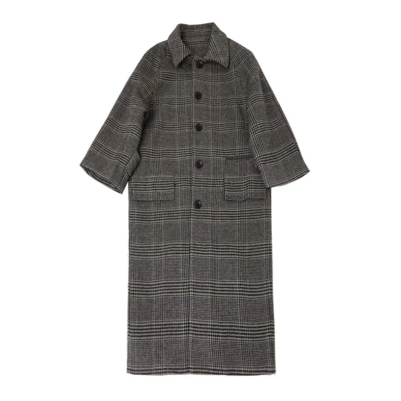 

clothing 2021 women's autumn and winter new wool coat European and American Lapel loose long Plaid Wool Coat