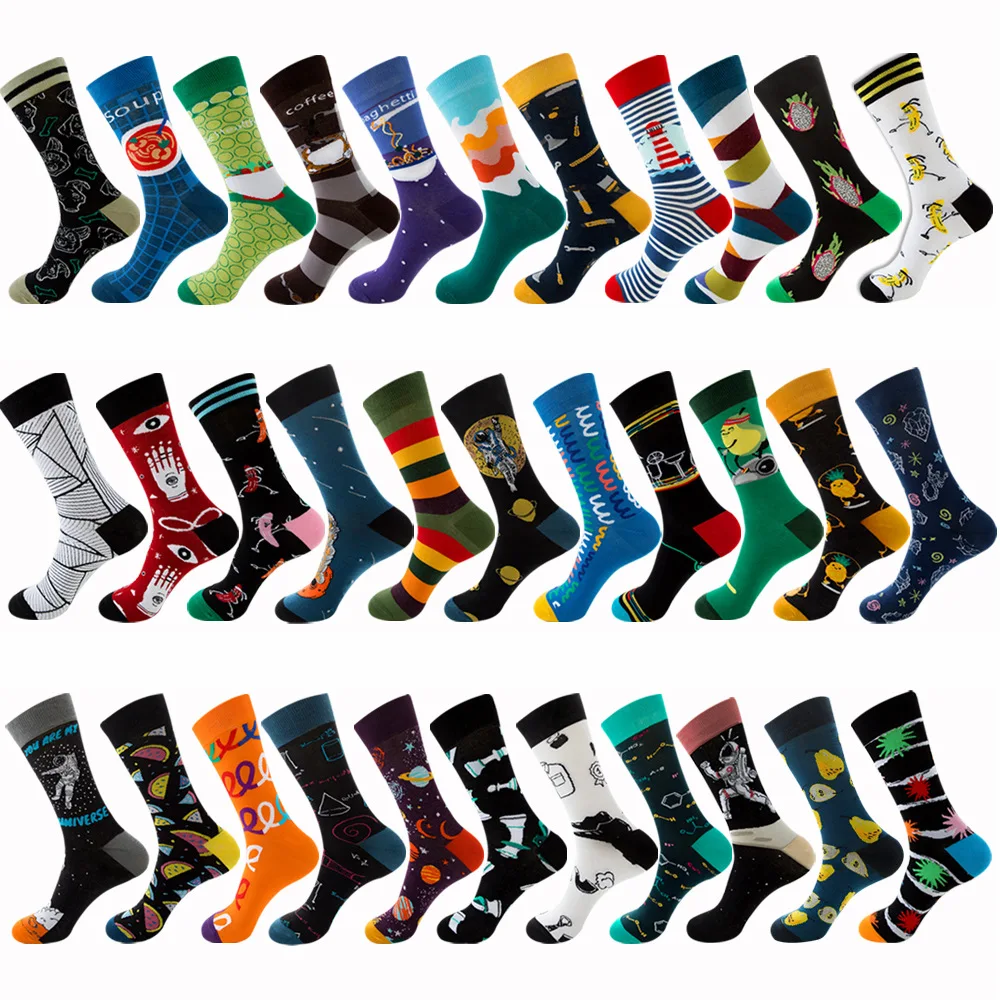 

1 pair men socks combed cotton New geometric male socks fruit female socks street tide socks astronaut mid tube socks 2020