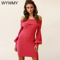 knitted sweater dresses for women autumn winter slim off shoulder red dress female sexy strapless lantern sleeve party dresses