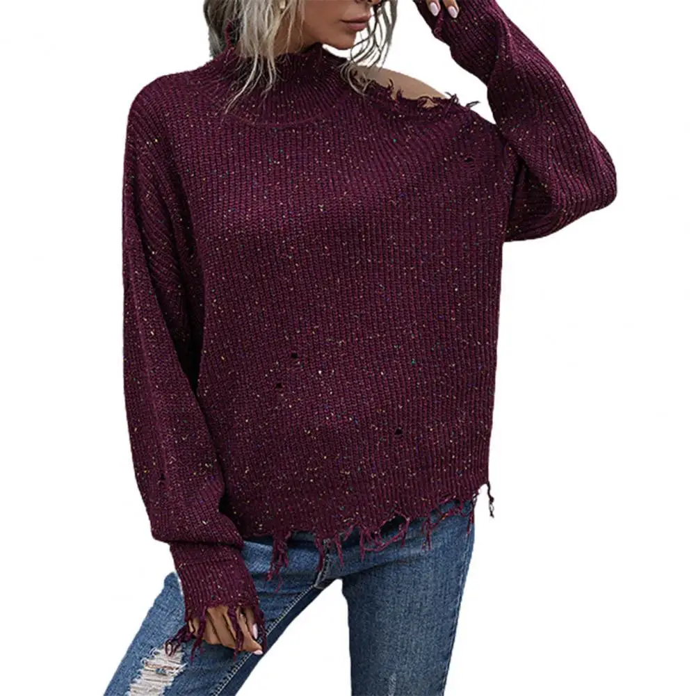 

Women Turtleneck Sweater Pullovers Solid Color Long Batwing Sleeve Knitwear Ripped Off Shoulder Loose Knitting Jumpers Femme