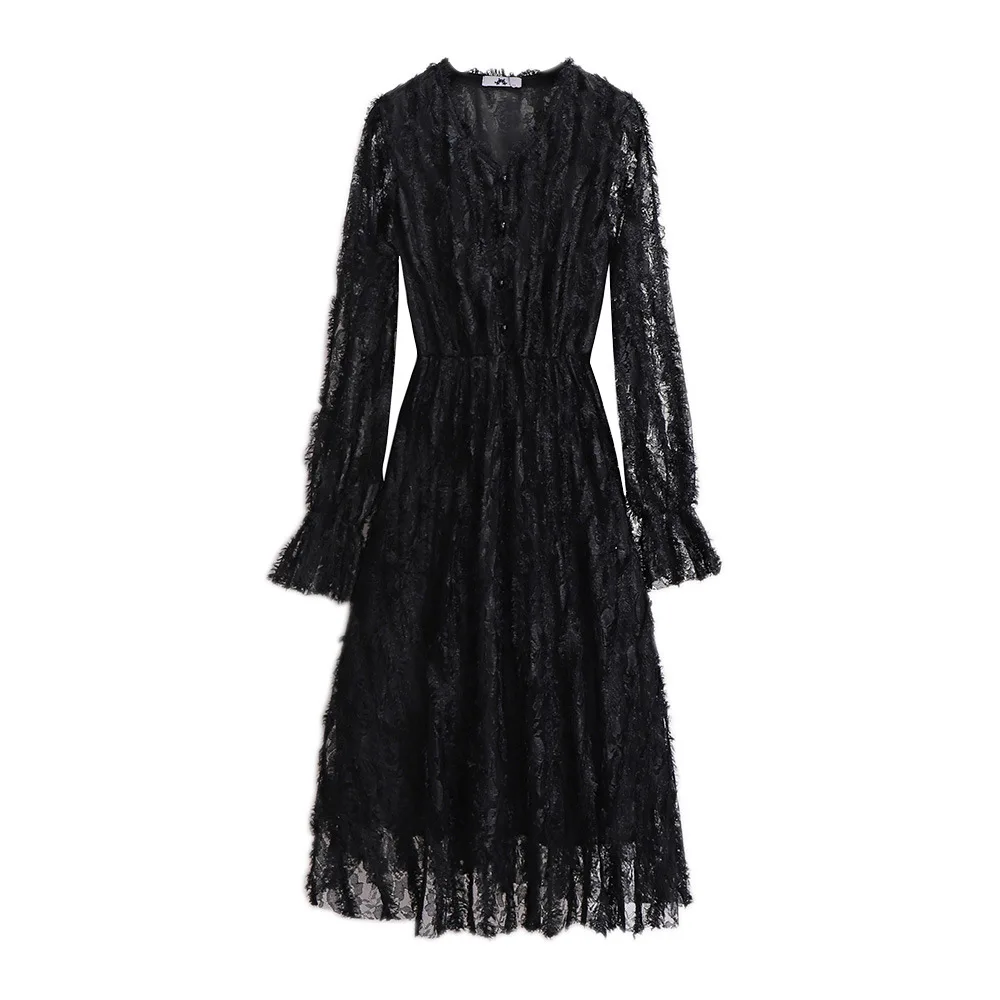 Женское платье модное винтажное открытое кружевное с v образным вырезом длинными