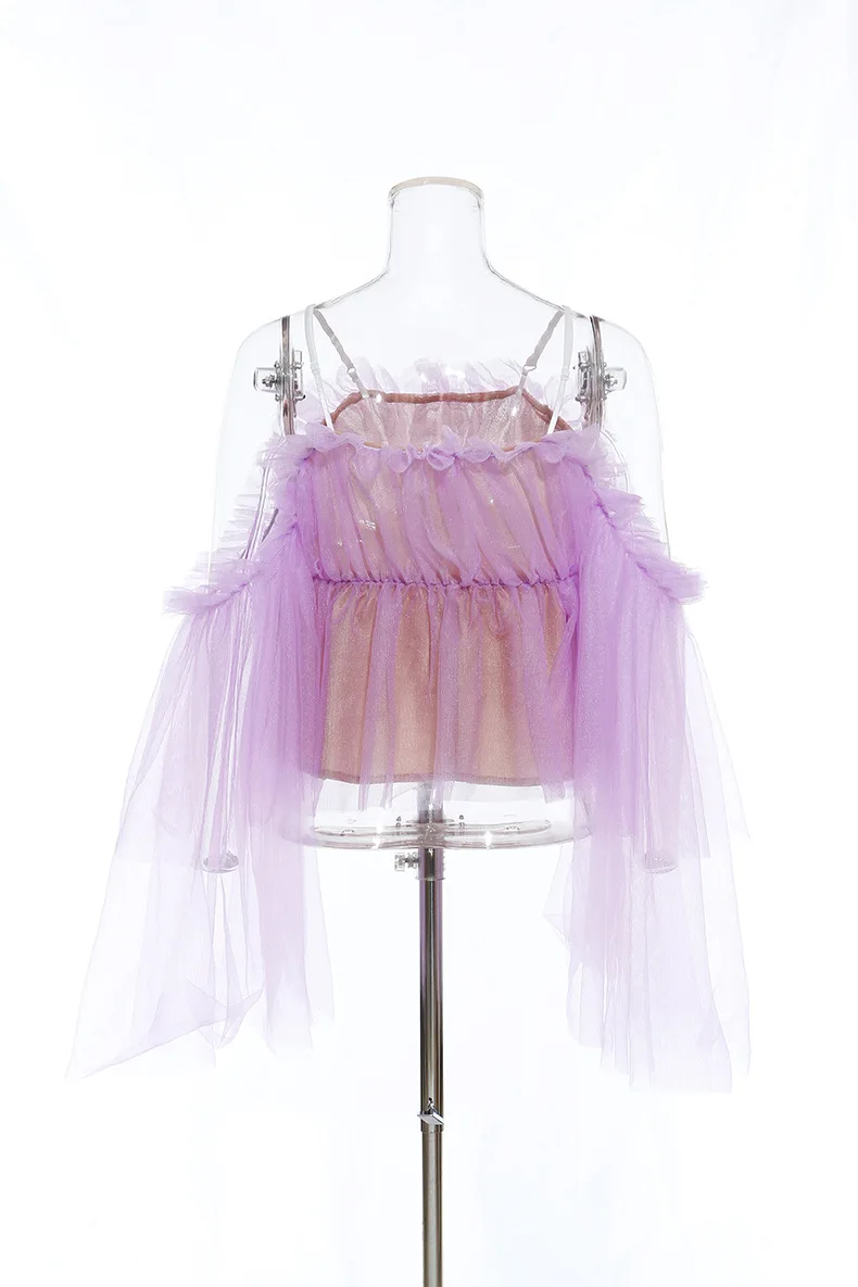 

off-shoulder sexy super fairy mesh lace top with lace blouse short purple blouse with adjustable shoulder girdle